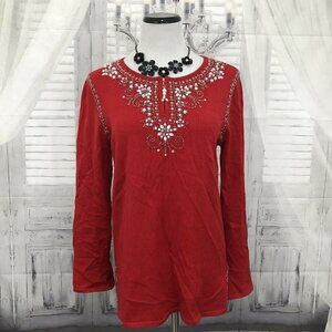 Quacker Factory Small Red Pearls Sweater Sequin Zip Embellished Long Sleeve